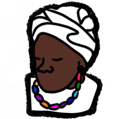 a drawing of the head and shoulders of a person with a thick black outline. the person has dark brown skin and is wearing a white headwrap, a white dress, and a necklace of rainbow beads